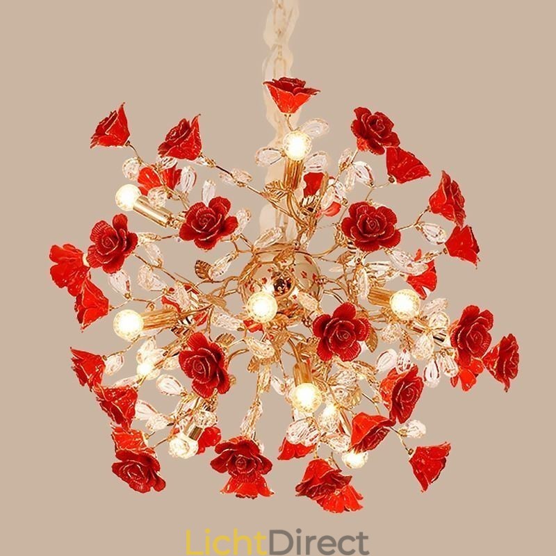 Luxe hanglamp van keramiek met rode bloemenkroonluchter