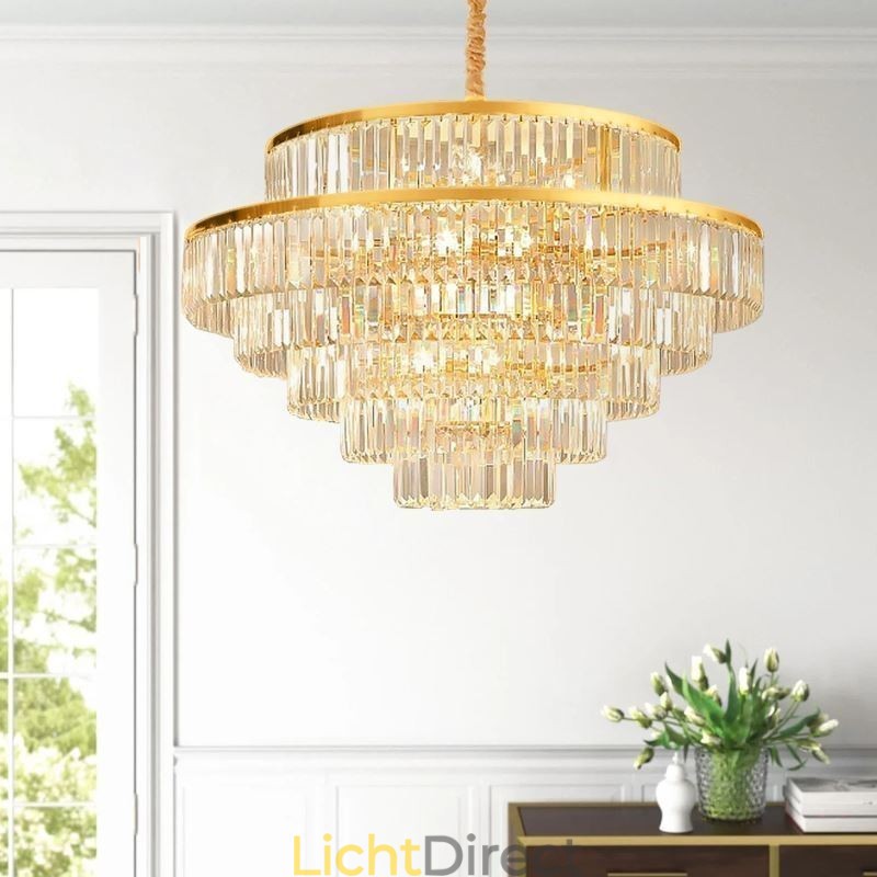 Gouden Kristallen Hanglamp 5 Lagen Plafondverlichting 7 Lampen