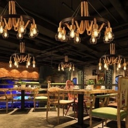 Retro stijl 6-koppige hanglamp van henneptouw met ijzeren lampenkap