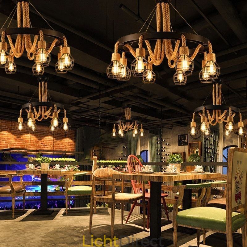 Retro stijl 6-koppige hanglamp van henneptouw met ijzeren lampenkap