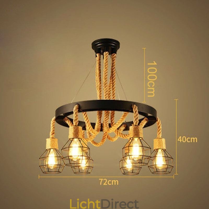 Retro stijl 6-koppige hanglamp van henneptouw met ijzeren lampenkap