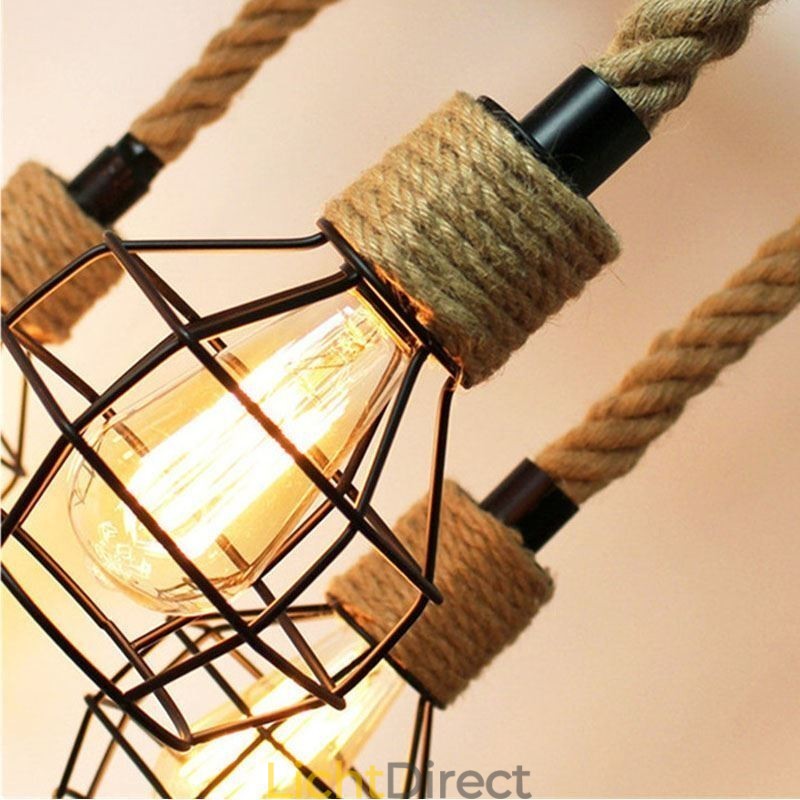 Retro stijl 6-koppige hanglamp van henneptouw met ijzeren lampenkap