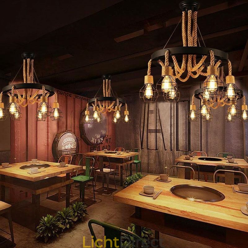 Retro stijl 6-koppige hanglamp van henneptouw met ijzeren lampenkap