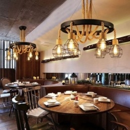 Retro stijl 6-koppige hanglamp van henneptouw met ijzeren lampenkap