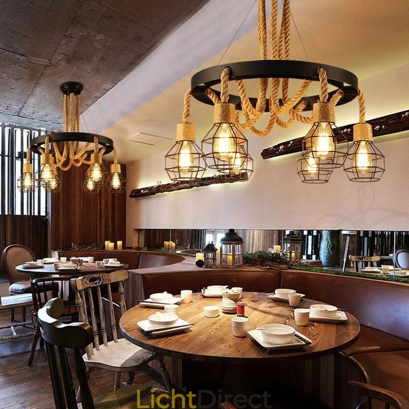 Retro stijl 6-koppige hanglamp van henneptouw met ijzeren lampenkap