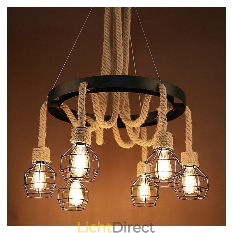 Retro stijl 6-koppige hanglamp van henneptouw met ijzeren lampenkap