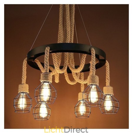 Retro stijl 6-koppige hanglamp van henneptouw met ijzeren lampenkap Retro stijl 6-koppige hanglamp van henneptouw met ijzeren lampenkap