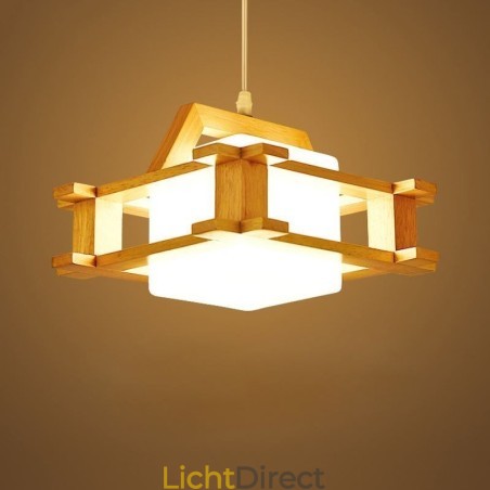 Hanglamp van eikenhout in Scandinavische stijl met lampenkap van matglas Cafe