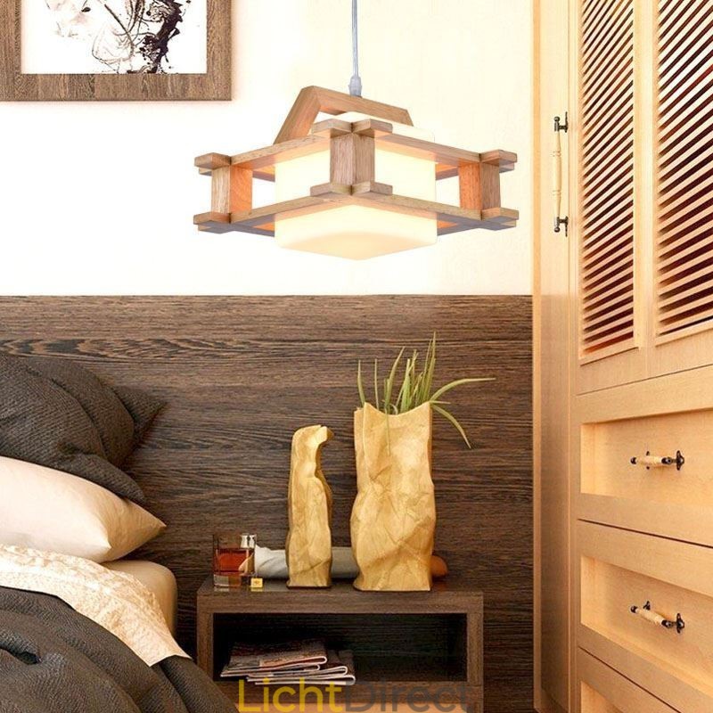 Hanglamp van eikenhout in Scandinavische stijl met lampenkap van matglas Cafe