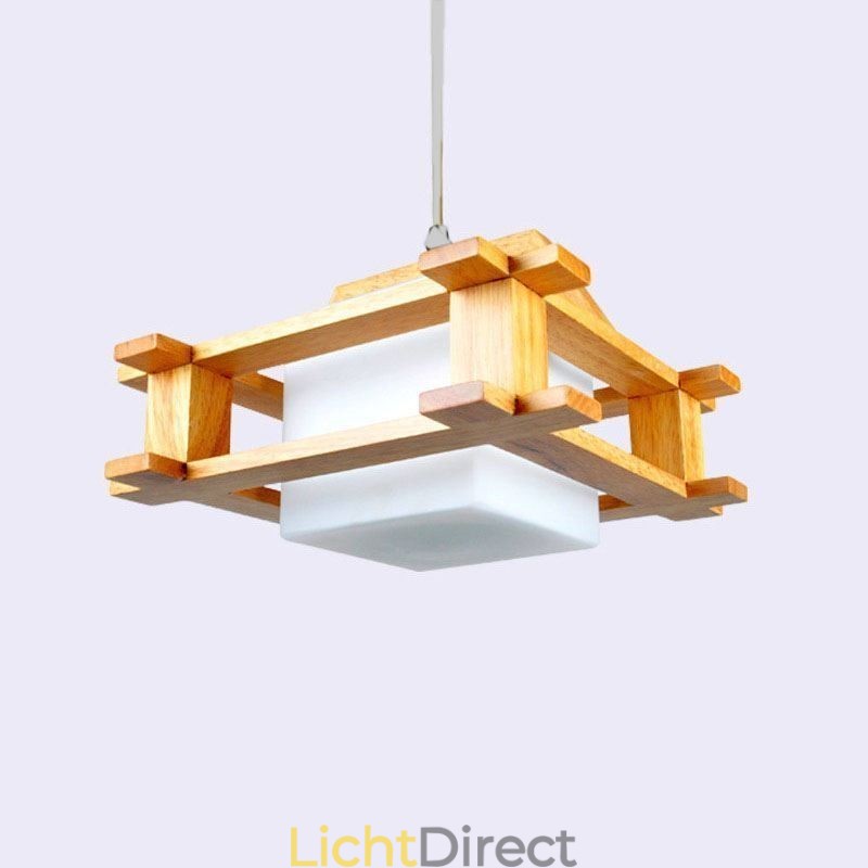 Hanglamp van eikenhout in Scandinavische stijl met lampenkap van matglas Cafe