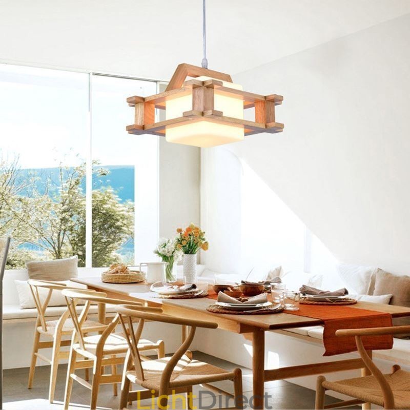 Hanglamp van eikenhout in Scandinavische stijl met lampenkap van matglas Cafe