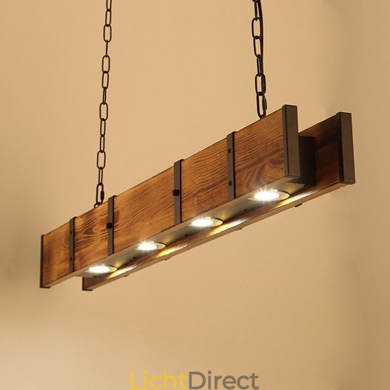 Hanglamp in industriële stijl, rechthoekig, houten plafondlamp, eiland