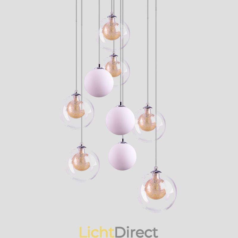 Hanglamp Glazen Cluster Plafondlamp Goud Nikkel Geborsteld + Melkachtig Glazen Bol