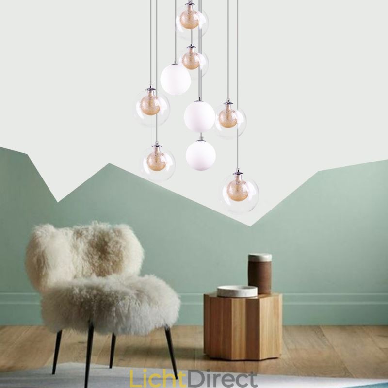 Hanglamp Glazen Cluster Plafondlamp Goud Nikkel Geborsteld + Melkachtig Glazen Bol