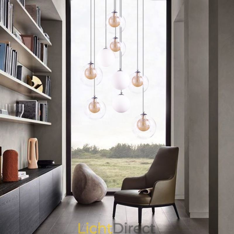 Hanglamp Glazen Cluster Plafondlamp Goud Nikkel Geborsteld + Melkachtig Glazen Bol