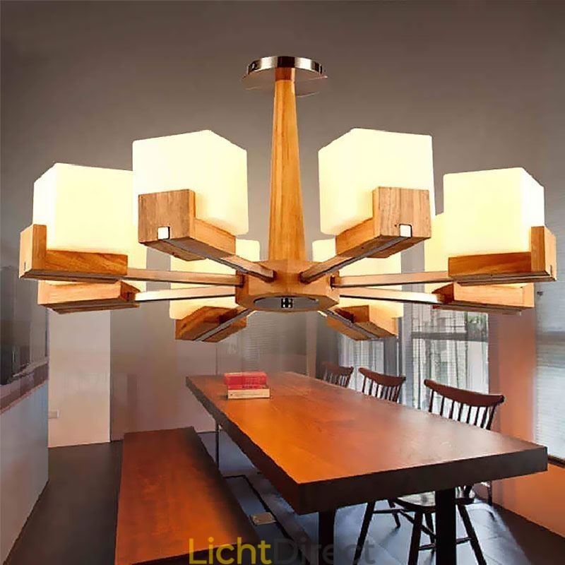 Nordic houten hanglamp glazen lampenkap kroonluchter