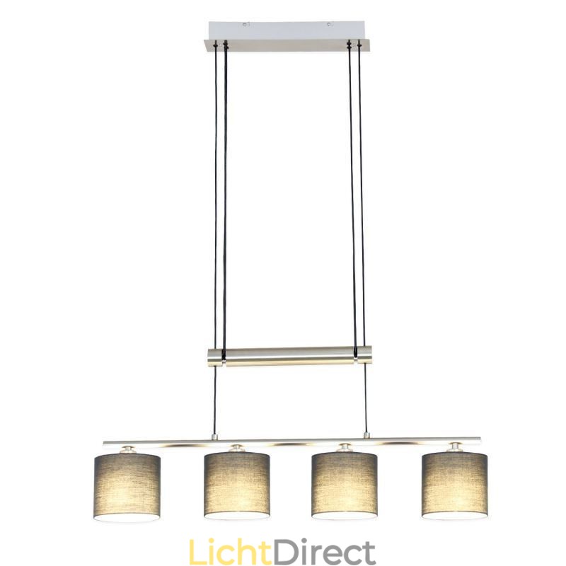 Moderne hanglamp met 4 lampen en stoffen kap, in hoogte verstelbaar