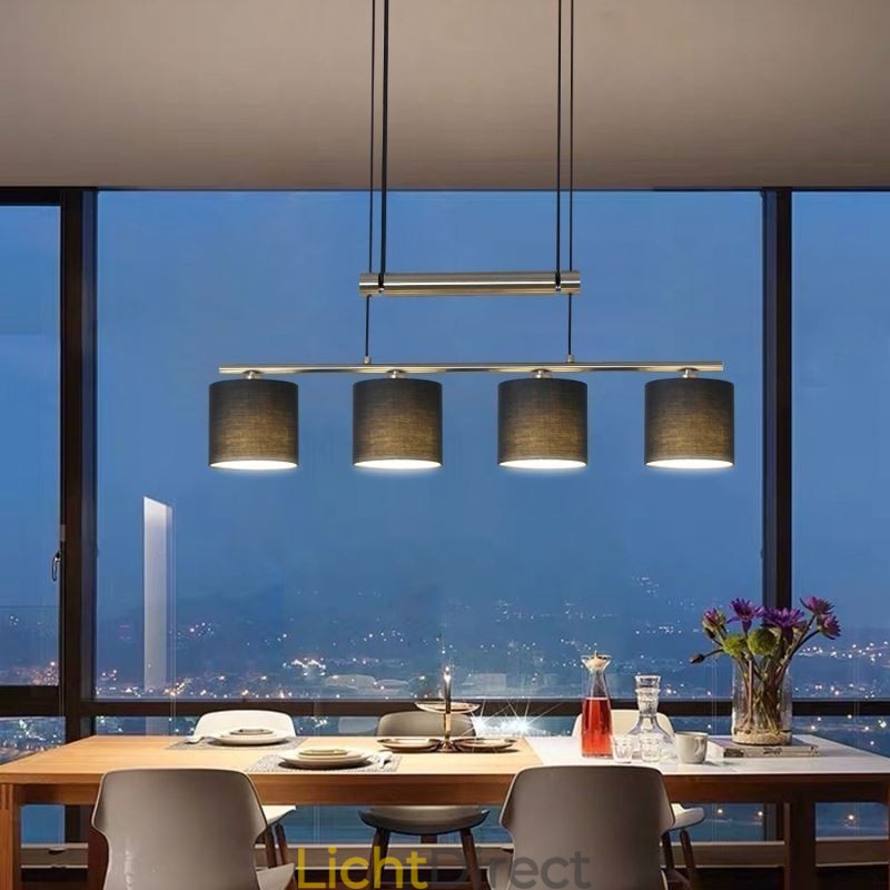 Moderne hanglamp met 4 lampen en stoffen kap, in hoogte verstelbaar