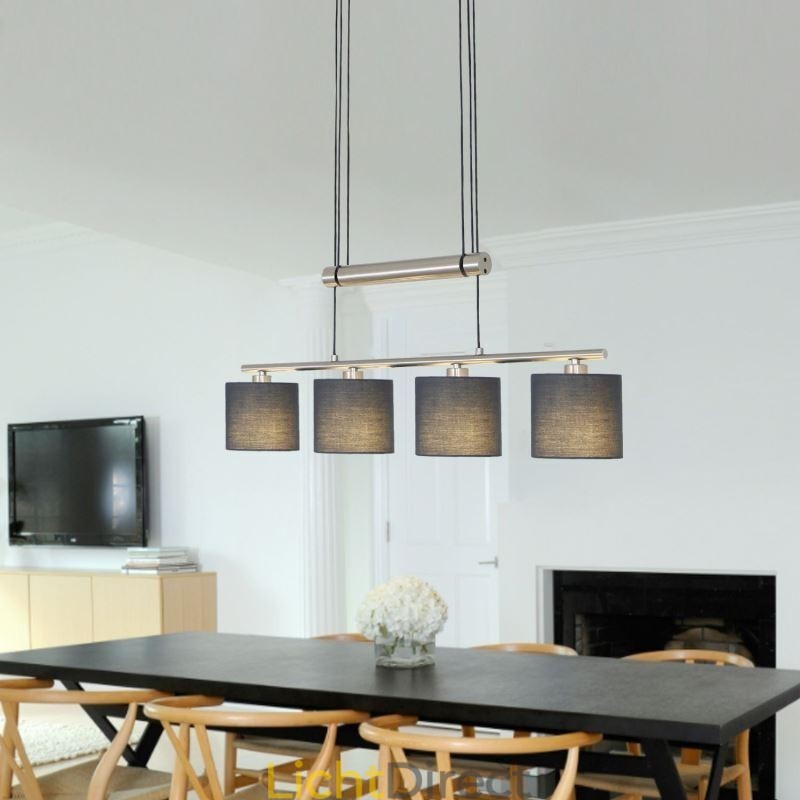 Moderne hanglamp met 4 lampen en stoffen kap, in hoogte verstelbaar