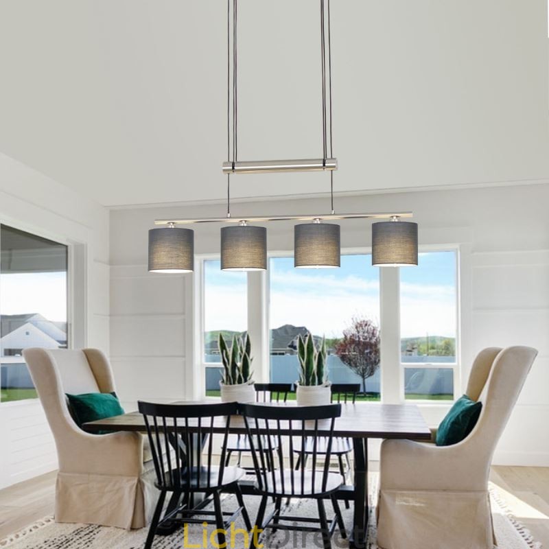 Moderne hanglamp met 4 lampen en stoffen kap, in hoogte verstelbaar