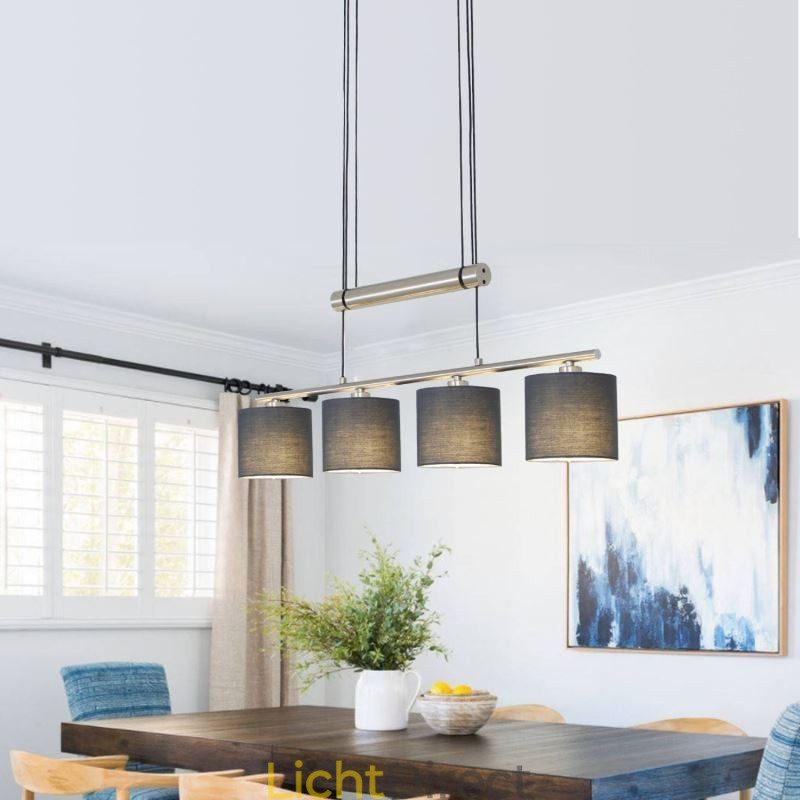 Moderne hanglamp met 4 lampen en stoffen kap, in hoogte verstelbaar