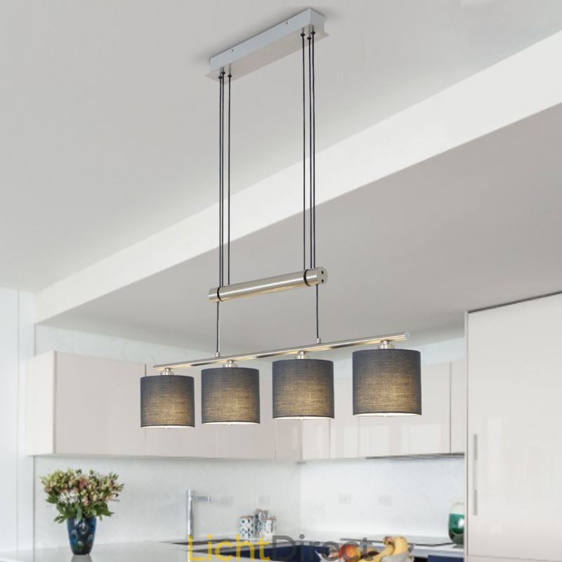 Moderne hanglamp met 4 lampen en stoffen kap, in hoogte verstelbaar