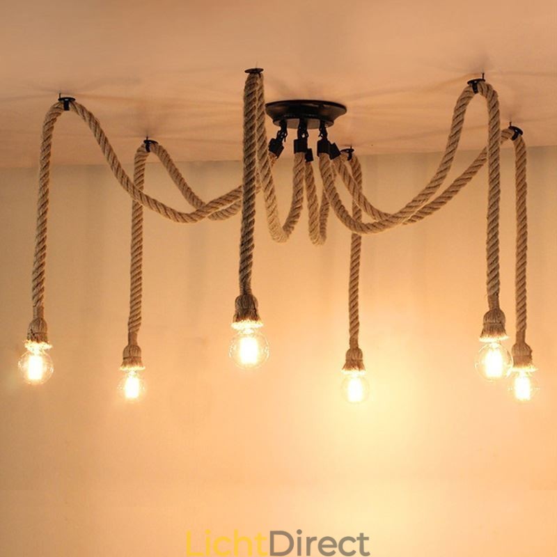 Retro Stijl 6 10 Hoofden Hanglamp Hennep Touw Kroonluchter Vintage Plafondlamp