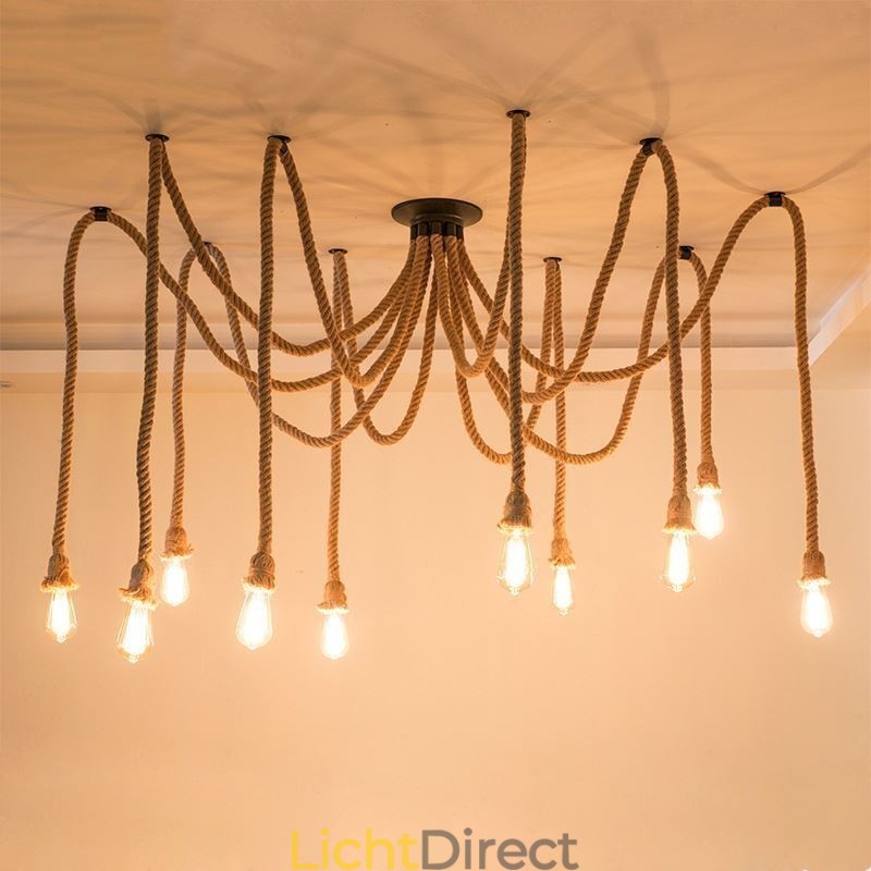 Retro Stijl 6 10 Hoofden Hanglamp Hennep Touw Kroonluchter Vintage Plafondlamp