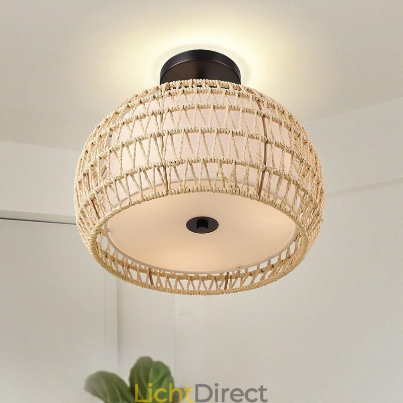 Papieren touw stoffen plafondlamp 32cm ronde lampenkap 3 lampen