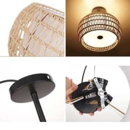 Papieren touw stoffen plafondlamp 32cm ronde lampenkap 3 lampen