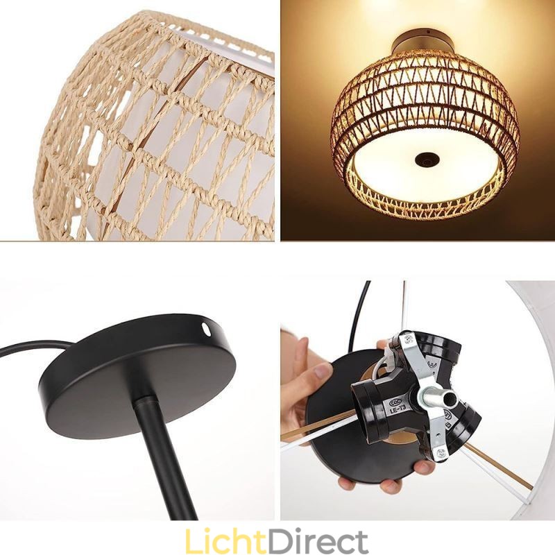 Papieren touw stoffen plafondlamp 32cm ronde lampenkap 3 lampen
