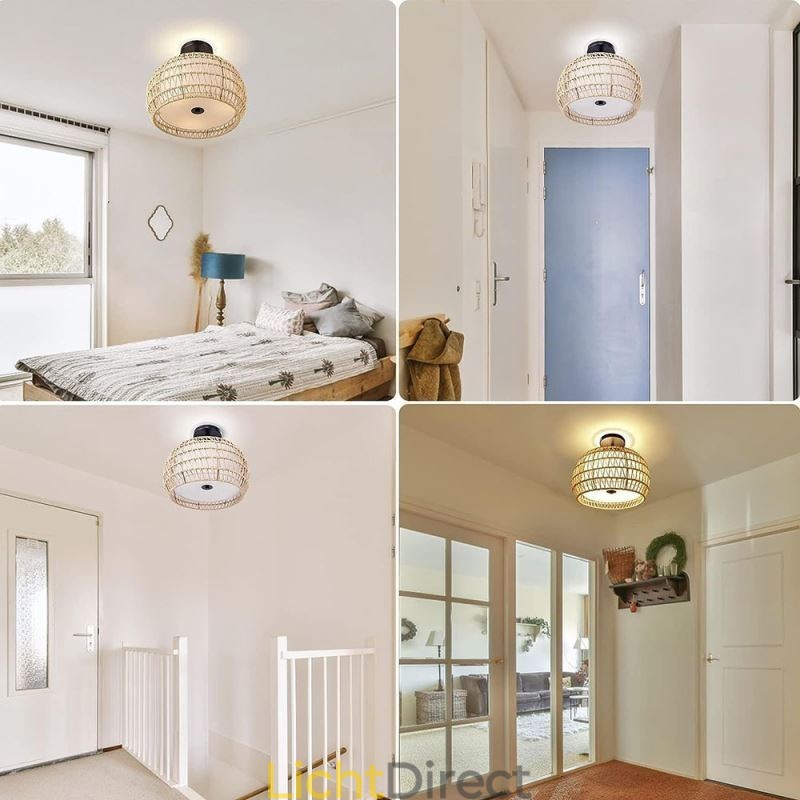 Papieren touw stoffen plafondlamp 32cm ronde lampenkap 3 lampen