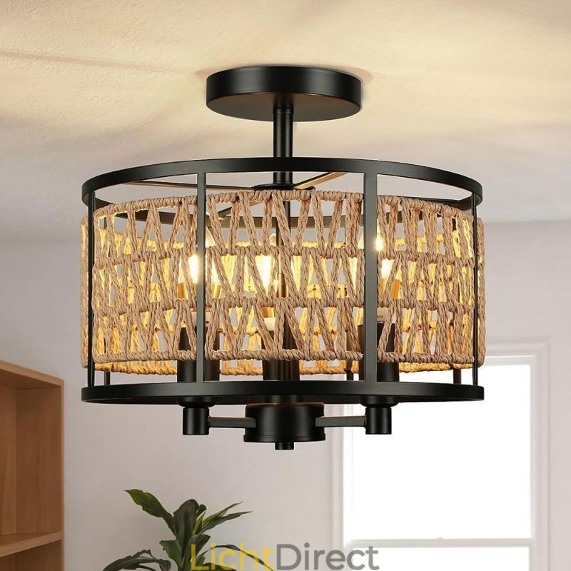 Retro Plafondlamp Zwart Ijzeren Papier Touw Plafondlamp 3 Lampen