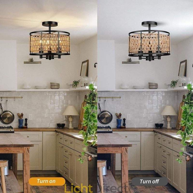 Retro Plafondlamp Zwart Ijzeren Papier Touw Plafondlamp 3 Lampen