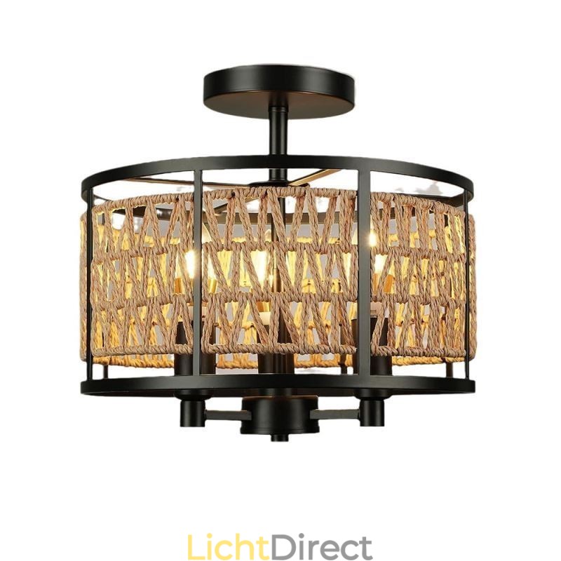 Retro Plafondlamp Zwart Ijzeren Papier Touw Plafondlamp 3 Lampen