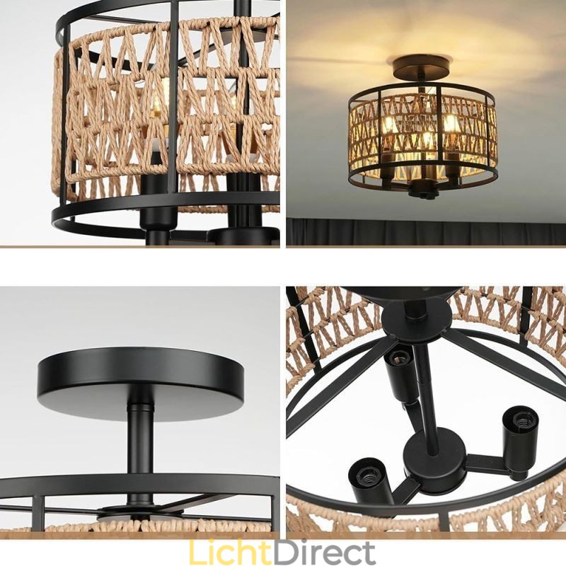 Retro Plafondlamp Zwart Ijzeren Papier Touw Plafondlamp 3 Lampen