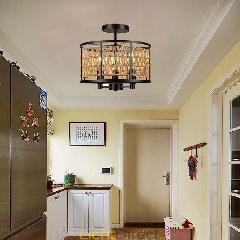 Retro Plafondlamp Zwart Ijzeren Papier Touw Plafondlamp 3 Lampen