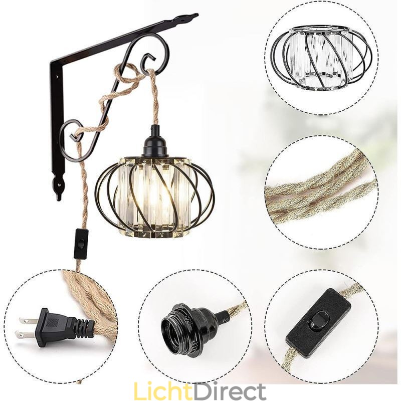 Retro Country Plafondlamp Henneptouw IJzeren Nachtkastje Hanglamp Met Stekker