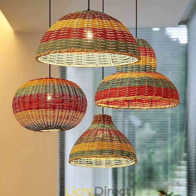 Hanglamp van bamboe en rotan, kleurrijke gestreepte interval, handgeweven lampenkap, plafondlamp