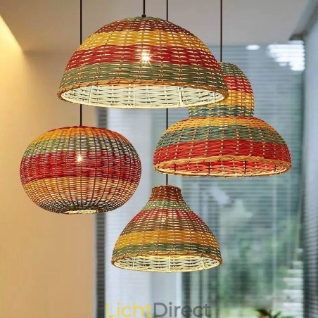 Hanglamp van bamboe en rotan, kleurrijke gestreepte interval, handgeweven lampenkap, plafondlamp Hanglamp van bamboe en rotan, kleurrijke gestreepte interval, handgeweven lampenkap, plafondlamp