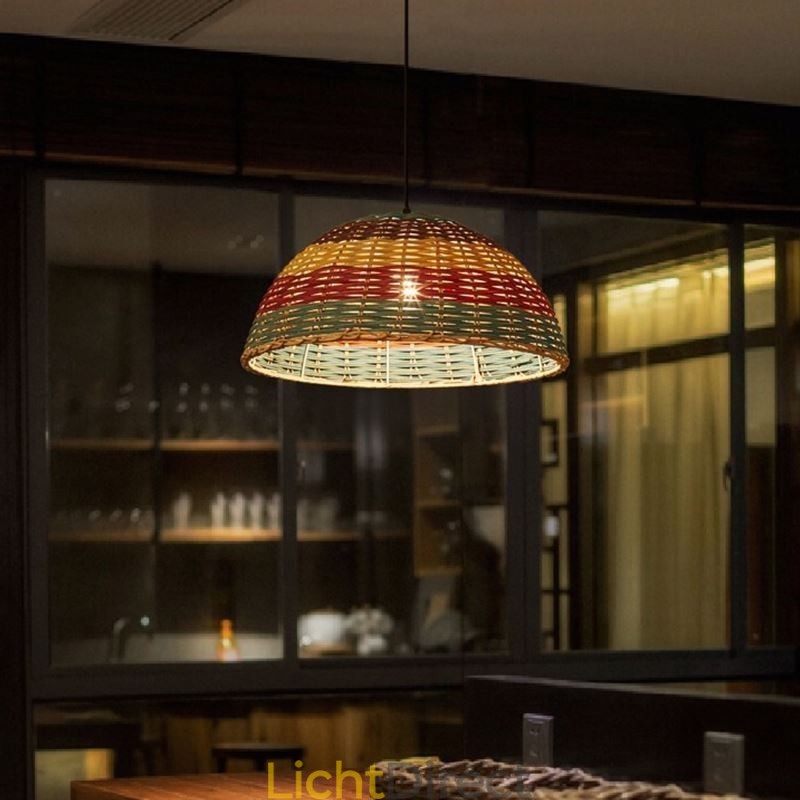 Hanglamp van bamboe en rotan, kleurrijke gestreepte interval, handgeweven lampenkap, plafondlamp