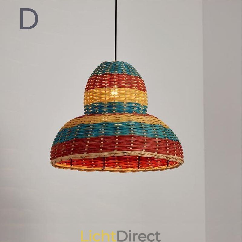 Hanglamp van bamboe en rotan, kleurrijke gestreepte interval, handgeweven lampenkap, plafondlamp
