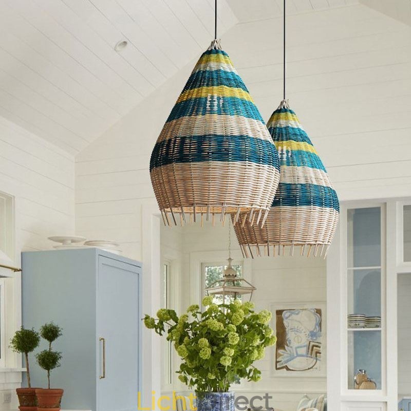 Hanglamp van bamboe en rotan met gestreepte tussenruimte, handgeweven lampenkap, plafondlamp