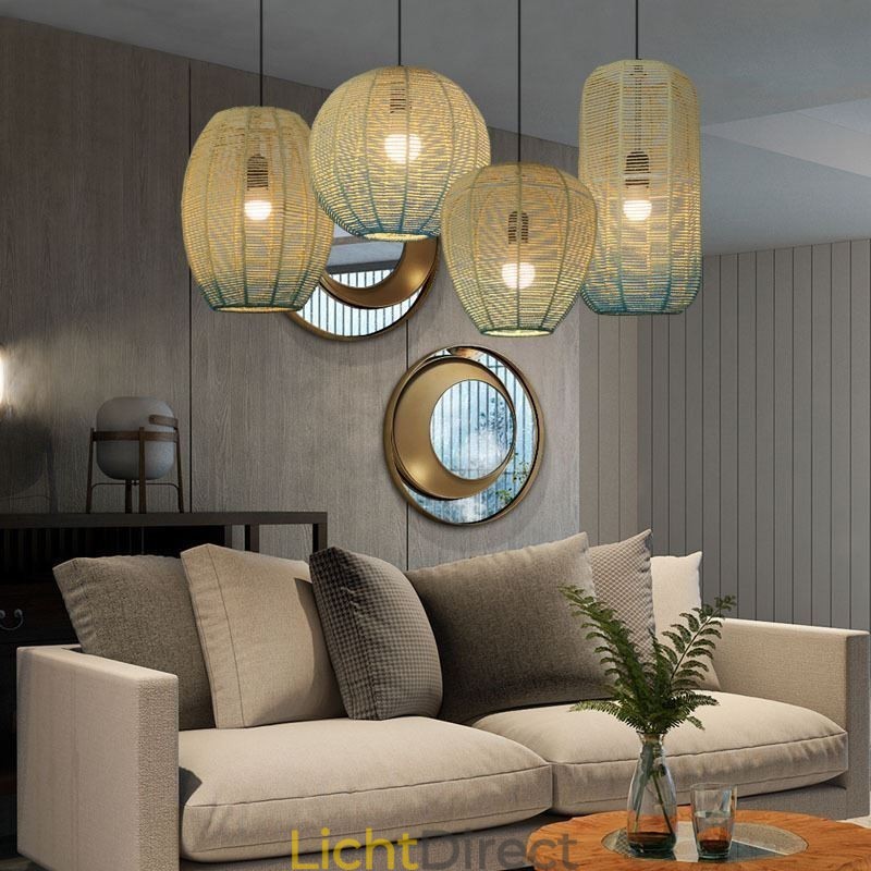 Hanglamp van papiertouw, retro landelijke plafondlamp met gradiënt in blauw