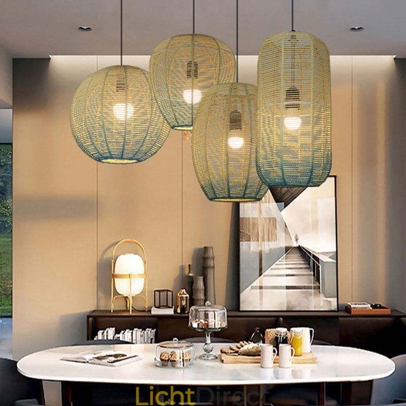 Hanglamp van papiertouw, retro landelijke plafondlamp met gradiënt in blauw