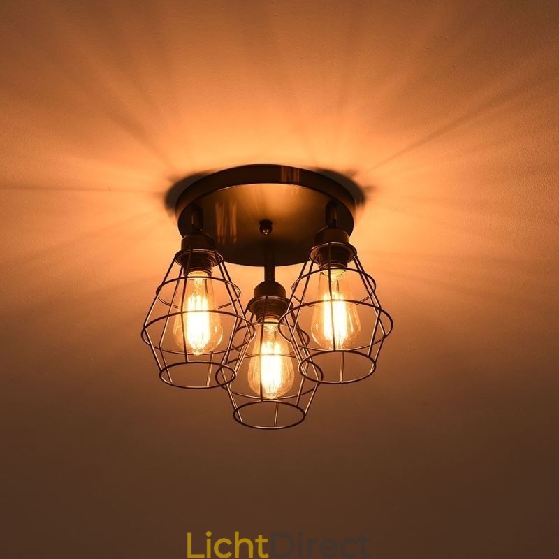 Industriële plafondlamp met 3 lampen in de vorm van een metalen kooi