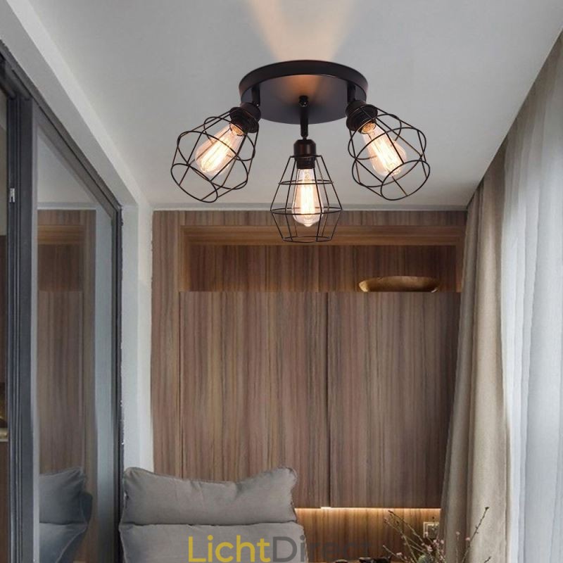 Industriële plafondlamp met 3 lampen in de vorm van een metalen kooi