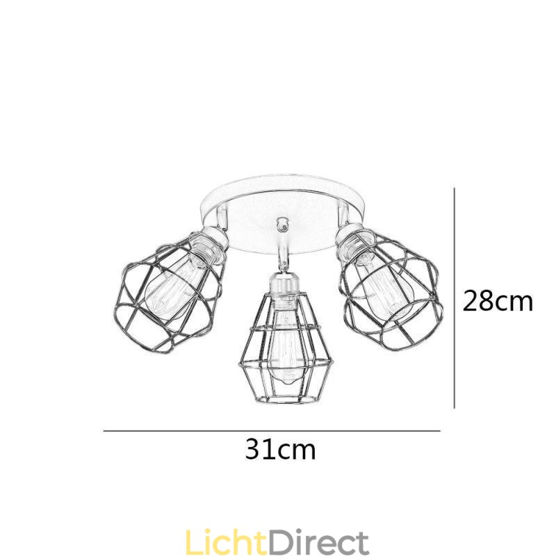Industriële plafondlamp met 3 lampen in de vorm van een metalen kooi