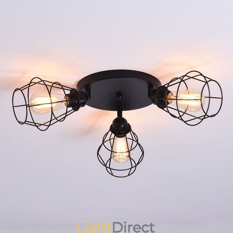 Industriële plafondlamp met 3 lampen in de vorm van een metalen kooi
