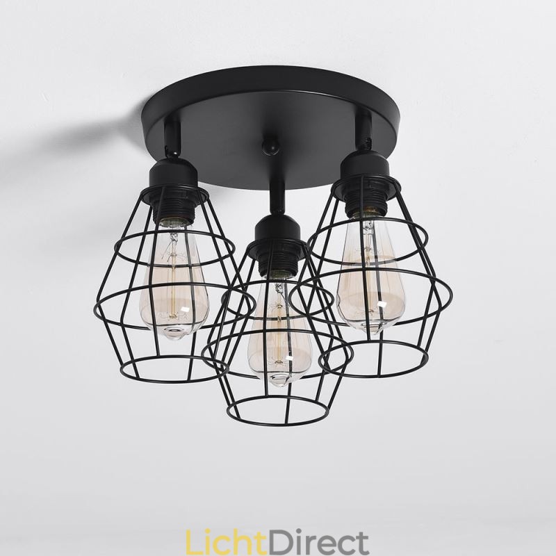 Industriële plafondlamp met 3 lampen in de vorm van een metalen kooi